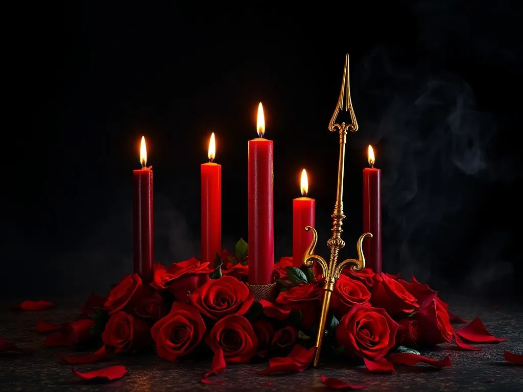 Velas vermelhas e pretas, rosas e tridente dourado em ritual