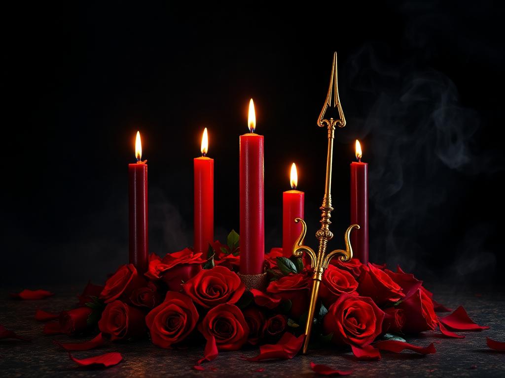 Velas vermelhas e pretas, rosas e tridente dourado em ritual